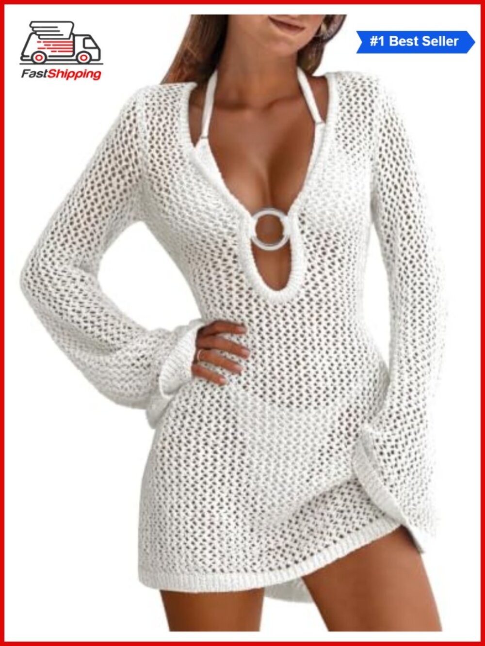 ✨ANRABESS Women Swimsuit Coverup Crochet Beach Dress Mini Long Sleeve V-Neck